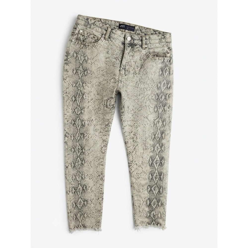 Zara Trafaluc Snakeskin Print Skinny Jeans Grey‎ Tan Frayed Hem Womens Size 4 26
